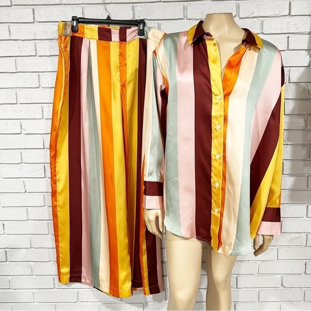 Fe Noel Vertical Stripe Satin 2 Piece Set Button Down Shirt and Wide Leg Pants